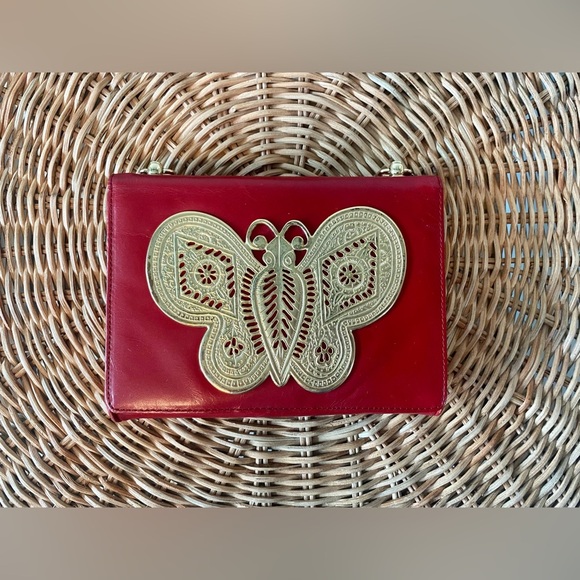 Red Genuine Leather Small Crossbody Bag Purse with Brass Butterfly Decor - Picture 4 of 5
